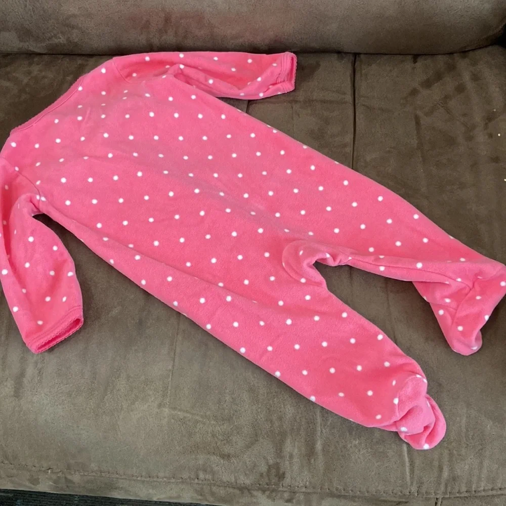 Carters pink polka dot fleece footie pajamas sleeping face; 6M